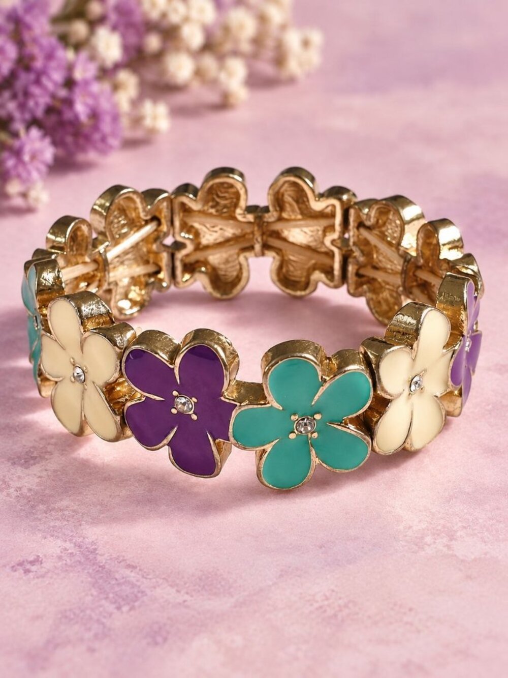 Floral Gold Tone Bracelet Purple Green White Enamel Rhinestones Stretch Vintage